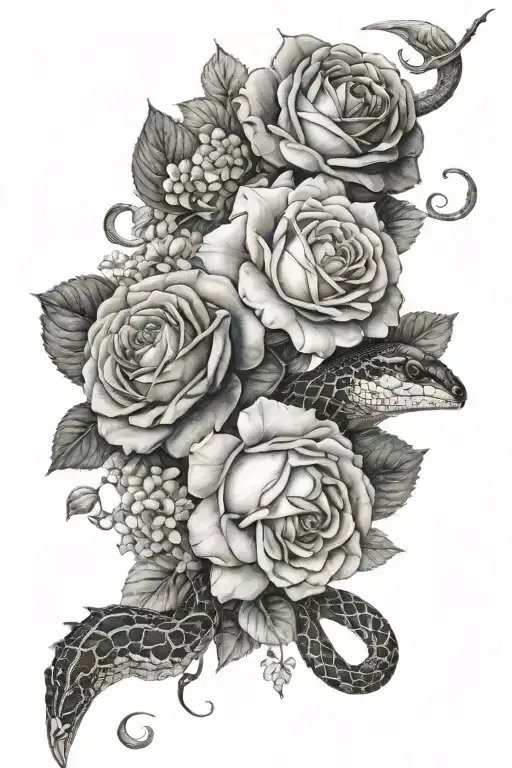 roses, hydrangeas, snake, black and grey tattoo tattoo design idea