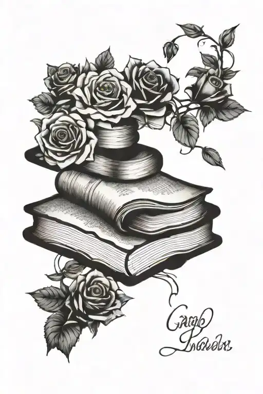 Stacked books sorrounded with Roses  tattoo design idea