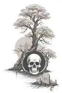 willow tree, crow, headstones, cemetery in the shape of a skull tattoo design idea