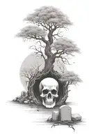 willow tree, crow, headstones, cemetery in the shape of a skull tattoo design idea