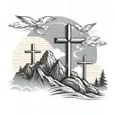 3 crosses on mountain with sun clouds and angels behind it  tattoo design idea