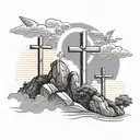 3 crosses on mountain with sun clouds and angels behind it  tattoo design idea