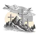 3 crosses on mountain with sun clouds and angels behind it  tattoo design idea