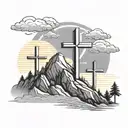 3 crosses on mountain with sun clouds and angels behind it  tattoo design idea