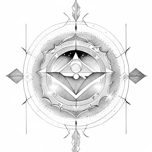 linear Sagittarius symbol with unalome, sun and moon intertwined  tattoo design idea