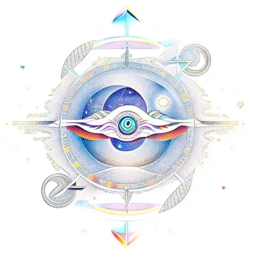 linear Sagittarius symbol with unalome, sun and moon intertwined  tattoo design idea