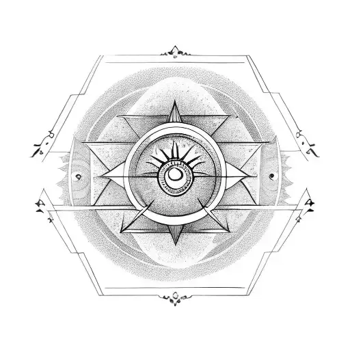 linear Sagittarius symbol with unalome, sun and moon intertwined  tattoo design idea