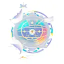 linear Sagittarius symbol with unalome, sun and moon intertwined  tattoo design idea