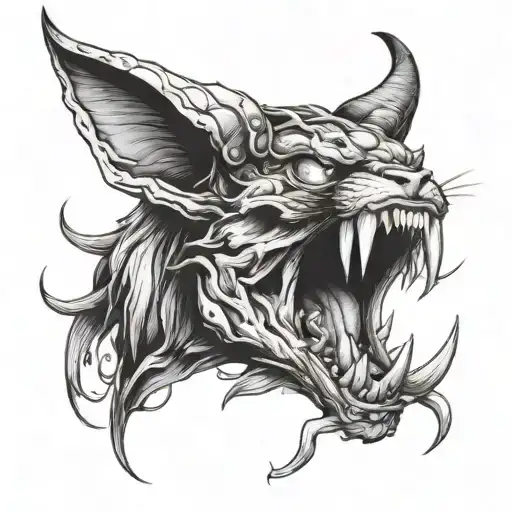demon cat with horns and long tongue and skull tattoo design idea