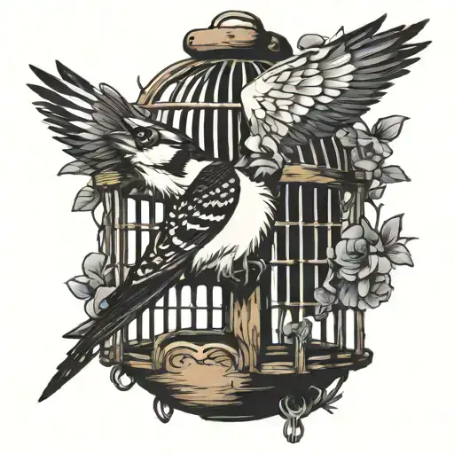woodpecker on top of its open cage tattoo design idea