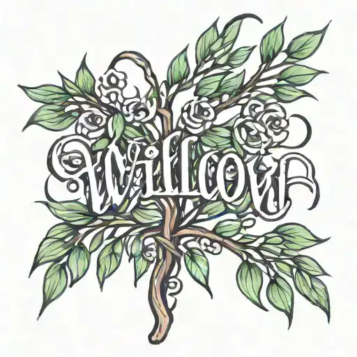 word  "Willow" written in flowy writing underlined by a willow branch  tattoo design idea
