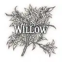 word  "Willow" written in flowy writing underlined by a willow branch  tattoo design idea