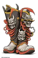 samurai and oni mask on the boot with Japanese waves on the sides cover  tattoo design idea