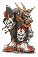 samurai and oni mask on the boot with Japanese waves on the sides cover  tattoo design idea
