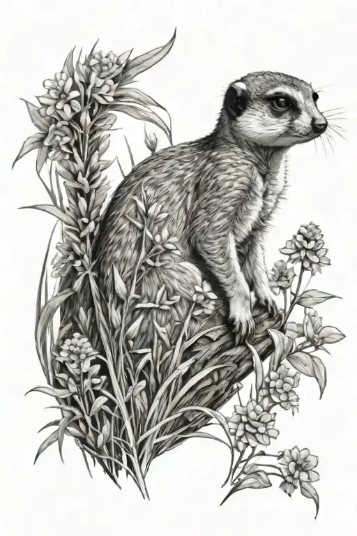 meerkat peeking though flowers and grass  tattoo design idea