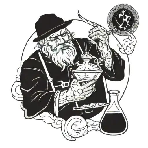 neoclassical farmer practicing alchemy tattoo design idea