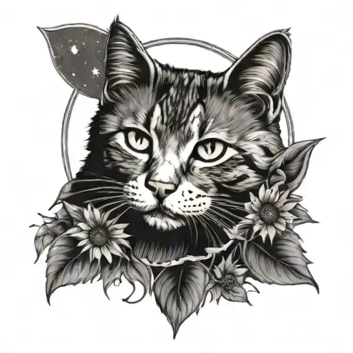sunflower and starry night sky and cat sitting alone tattoo design idea