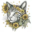 sunflower and van gogh starry night sky and cat sitting alone tattoo design idea
