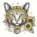 sunflower and van gogh starry night sky and cat sitting alone tattoo design idea