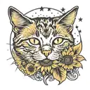 sunflower and van gogh starry night sky and cat sitting alone tattoo design idea