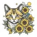 sunflower and van gogh starry night sky and cat sitting alone tattoo design idea