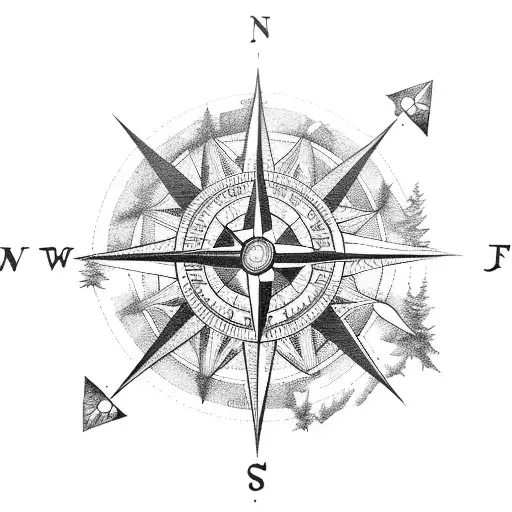 A compass surrounded by forest elements, representing the guiding role of family in navigating life's journey tattoo design idea
