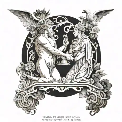 A modern interpretation of Apollo and Dionysius engaged in a philosophical debate, with elements of Greek beauty incorporated into the design tattoo design idea