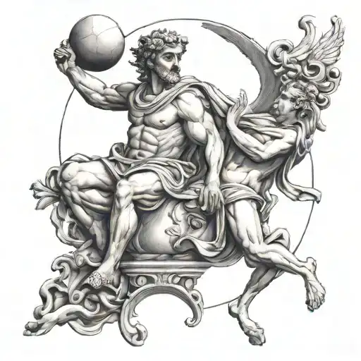 A modern interpretation of Apollo and Dionysius engaged in a philosophical debate, with elements of Greek beauty incorporated into the design tattoo design idea
