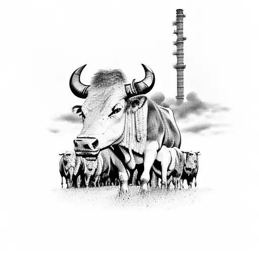A western-style oil refinery with bulls grazing nearby tattoo design idea