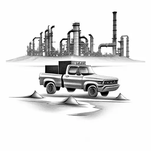 A Chevrolet truck driving through a desert with oil refineries in the background, symbolizing the client's occupation tattoo design idea