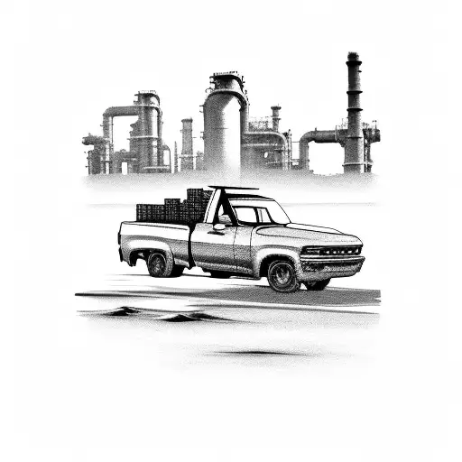 A Chevrolet truck driving through a desert with oil refineries in the background, symbolizing the client's occupation tattoo design idea