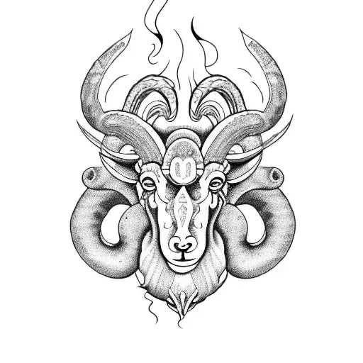 An energetic Aries ram surrounded by cooking flames tattoo design idea