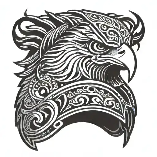 american eagle and gladiator helmet adorned with intricate lines and waves as the helmet eyes tattoo design idea