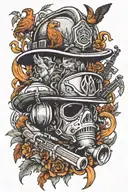 A traditional firefighter helmet surrounded by forest animals playing musical instruments tattoo design idea