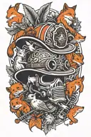 A traditional firefighter helmet surrounded by forest animals playing musical instruments tattoo design idea