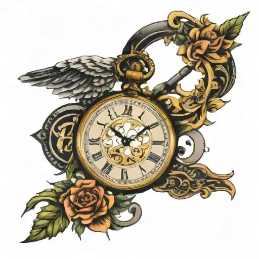 ROMAN NUMERALS IV•XI•MMVII WITH A POCKET WATCH SHOWING 11:55AM tattoo design idea