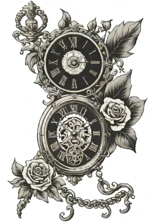 ROMAN NUMERALS IV•XI•MMVII WITH A POCKET WATCH SHOWING 11:55AM tattoo design idea