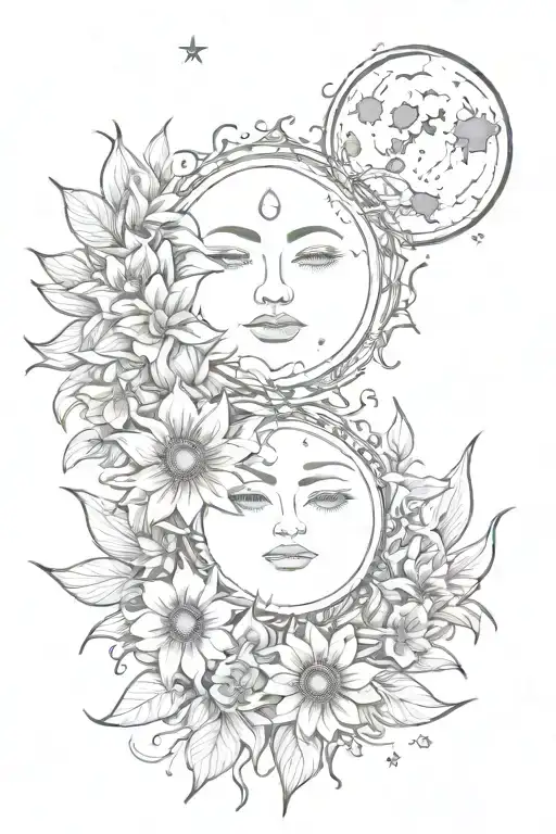 Sun and moon overlap with flowers tattoo design idea
