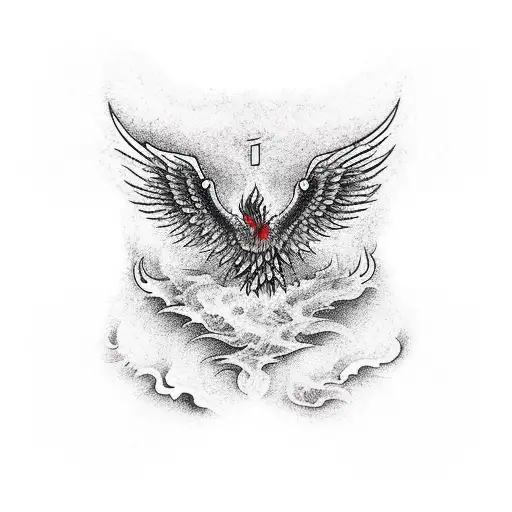 Phoenix rises from the ashes with flames, built-in compass and date of birth tattoo design idea