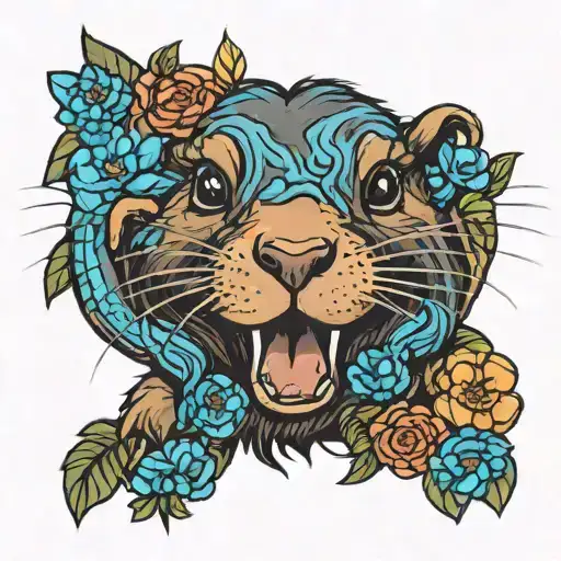 American beaver, lilith flowers, raw colors, portrait  tattoo design idea