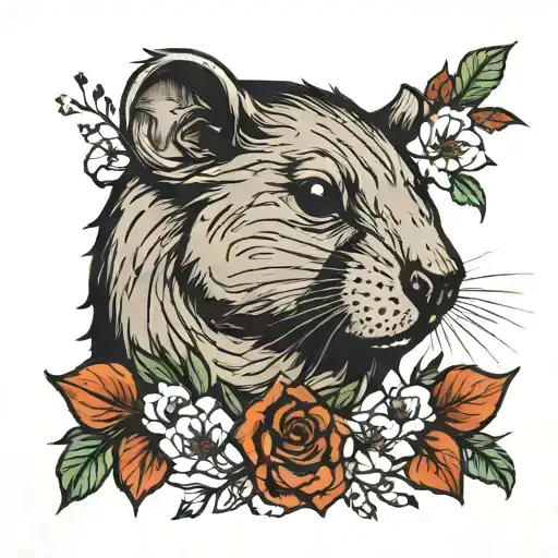 American beaver, lilith flowers, raw colors, portrait  tattoo design idea