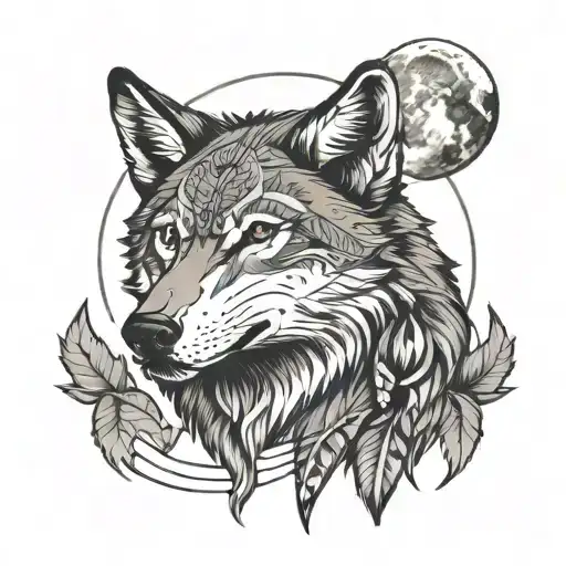 Indian Wolf and Moon tattoo design idea