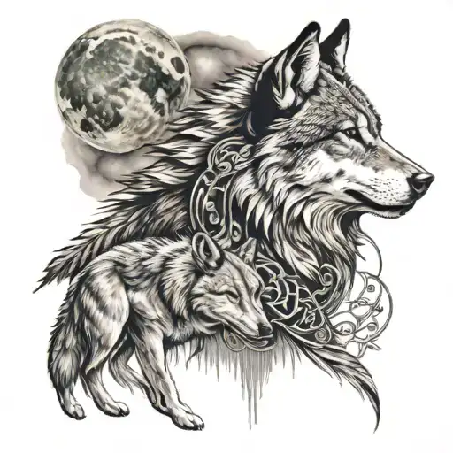 Indian with wolf and moon tattoo design idea