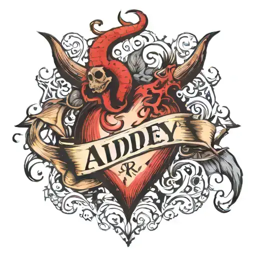 Heart with Devils horn and tail with the name of Audrey. tattoo design idea
