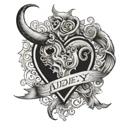 Heart with Devils horn and tail with the name of Audrey. tattoo design idea