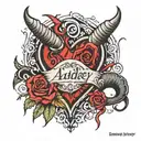Heart with Devils horn and tail with the name of Audrey. tattoo design idea