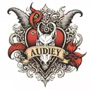 Heart with Devils horn and tail with the name of Audrey. tattoo design idea