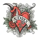 Heart with Devils horn and tail with the name of Audrey. tattoo design idea