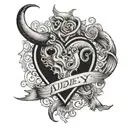 Heart with Devils horn and tail with the name of Audrey. tattoo design idea