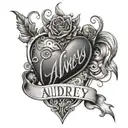 Heart with Devils horn and tail with the name of Audrey. tattoo design idea
